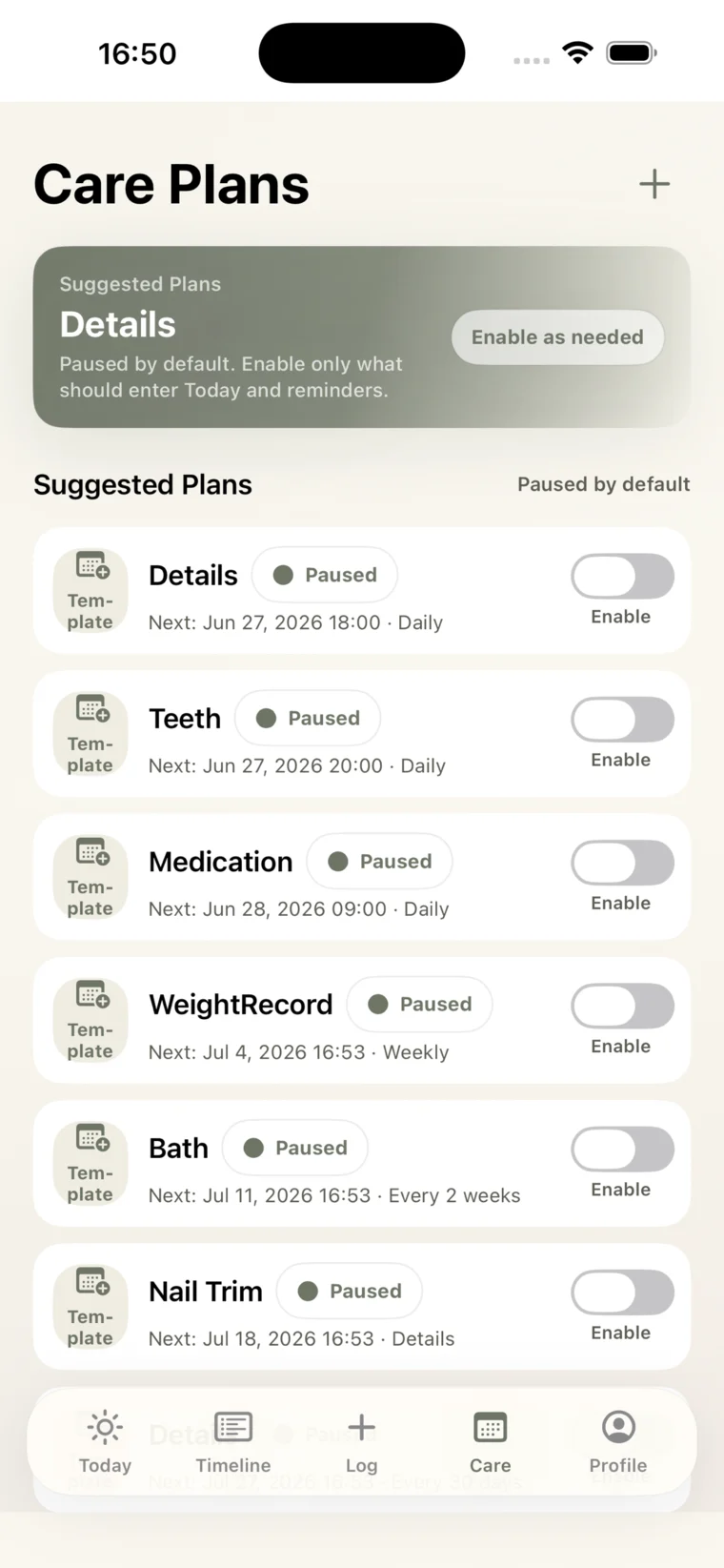 Care Plan screen with recurring pet care routines