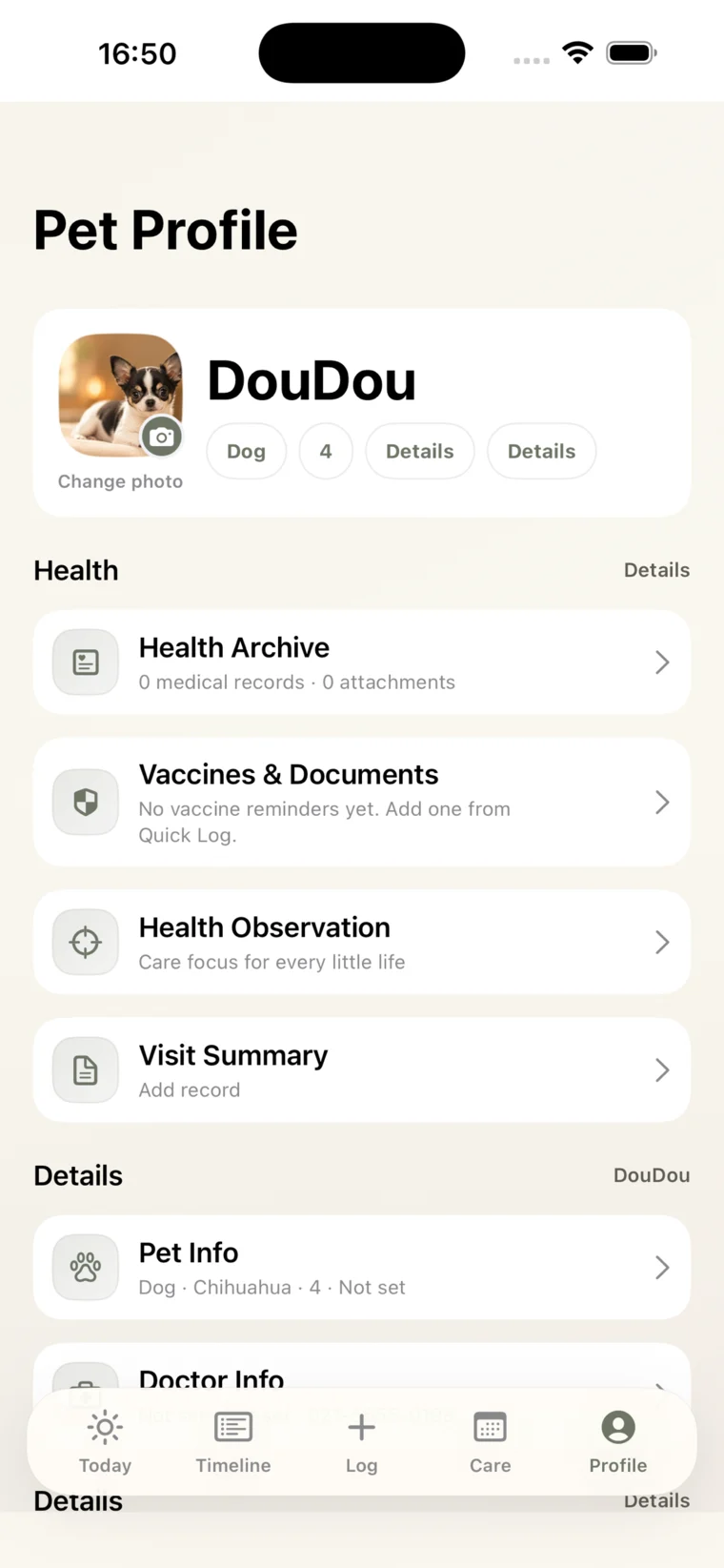 Lunio profile and care archive screen