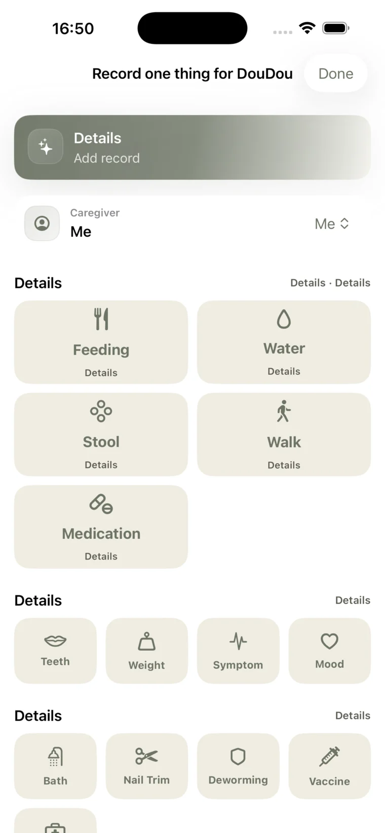 Quick Log screen for common pet care actions