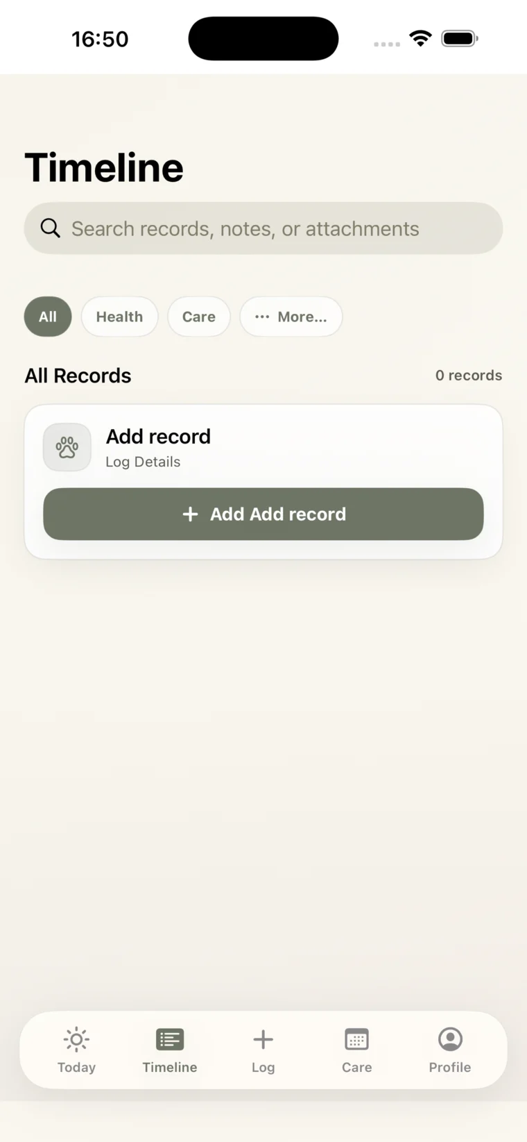 Lunio timeline screen with chronological pet care records