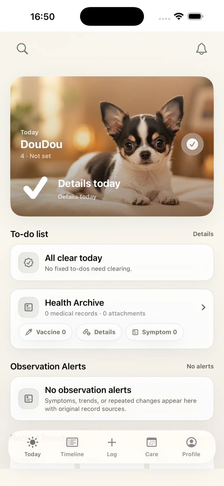 Lunio Today screen with care status and reminders